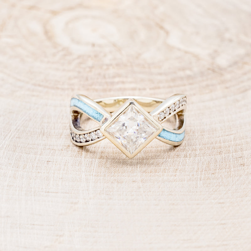 PRINCESS CUT MOISSANITE ENGAGEMENT RING WITH TURQUOISE INLAYS & DIAMOND ACCENTS