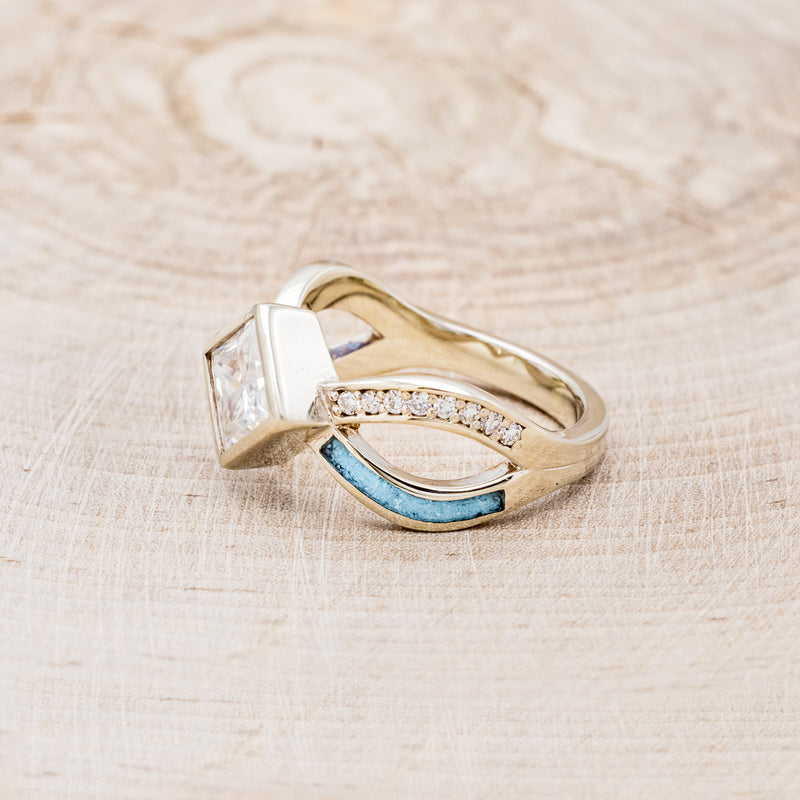 PRINCESS CUT MOISSANITE ENGAGEMENT RING WITH TURQUOISE INLAYS & DIAMON