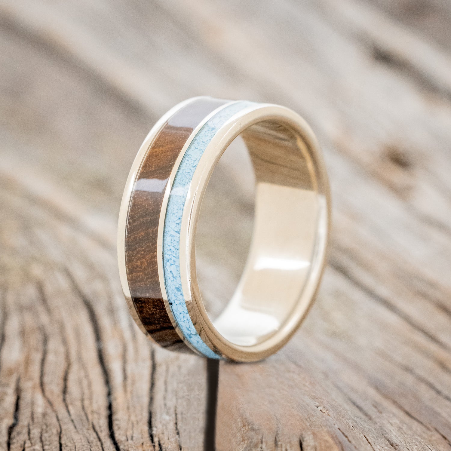 "RAPTOR" - HAND CRUSHED TURQUOISE & IRONWOOD WEDDING BAND-4
