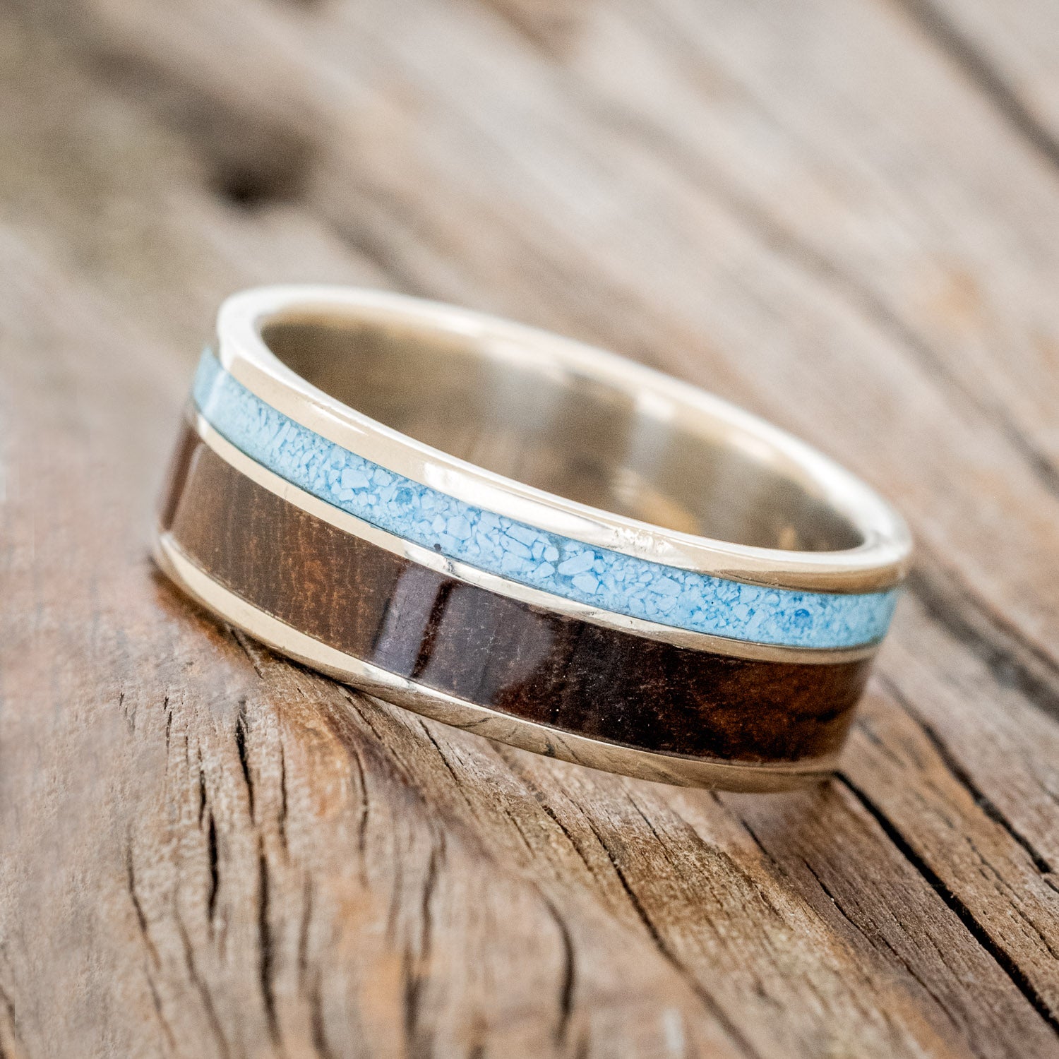 "RAPTOR" - HAND CRUSHED TURQUOISE & IRONWOOD WEDDING BAND-5