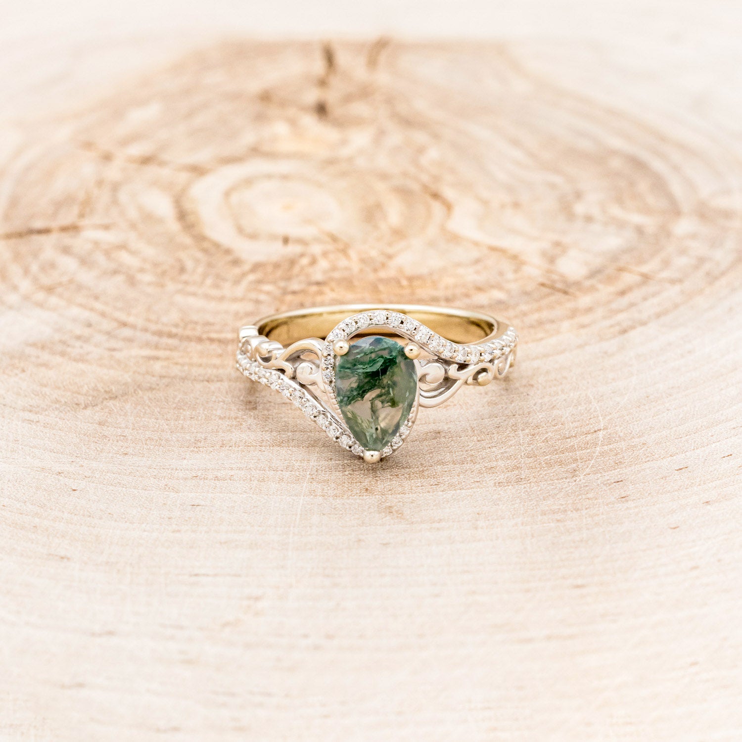 "SCARLET" - PEAR-SHAPED MOSS AGATE ENGAGEMENT RING WITH DIAMOND ACCENTS-16