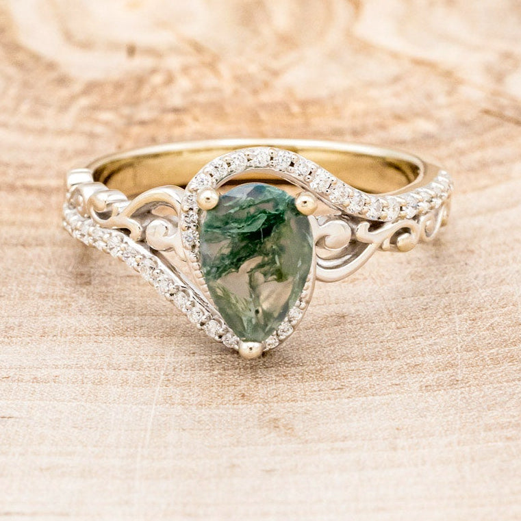 "SCARLET" - PEAR-SHAPED MOSS AGATE ENGAGEMENT RING WITH DIAMOND ACCENTS-16
