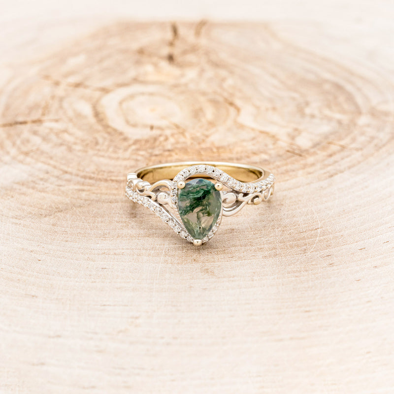 "SCARLET" - PEAR-SHAPED MOSS AGATE ENGAGEMENT RING WITH DIAMOND ACCENTS