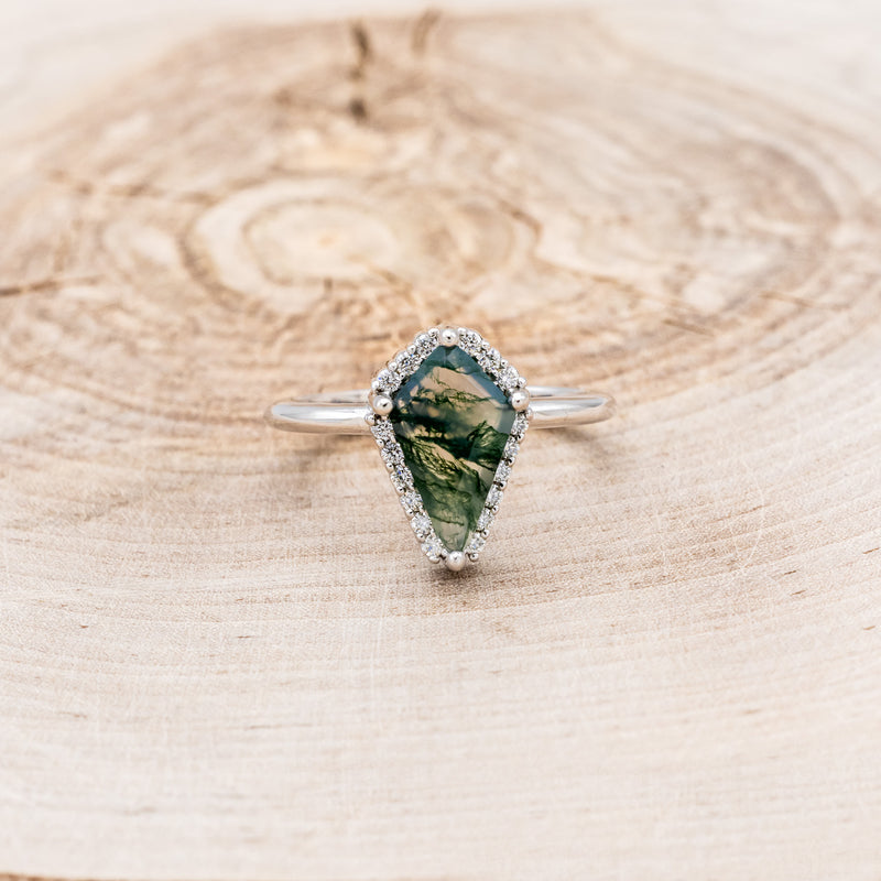 "STEVIE" - KITE CUT MOSS AGATE ENGAGEMENT RING WITH DIAMOND HALO-8