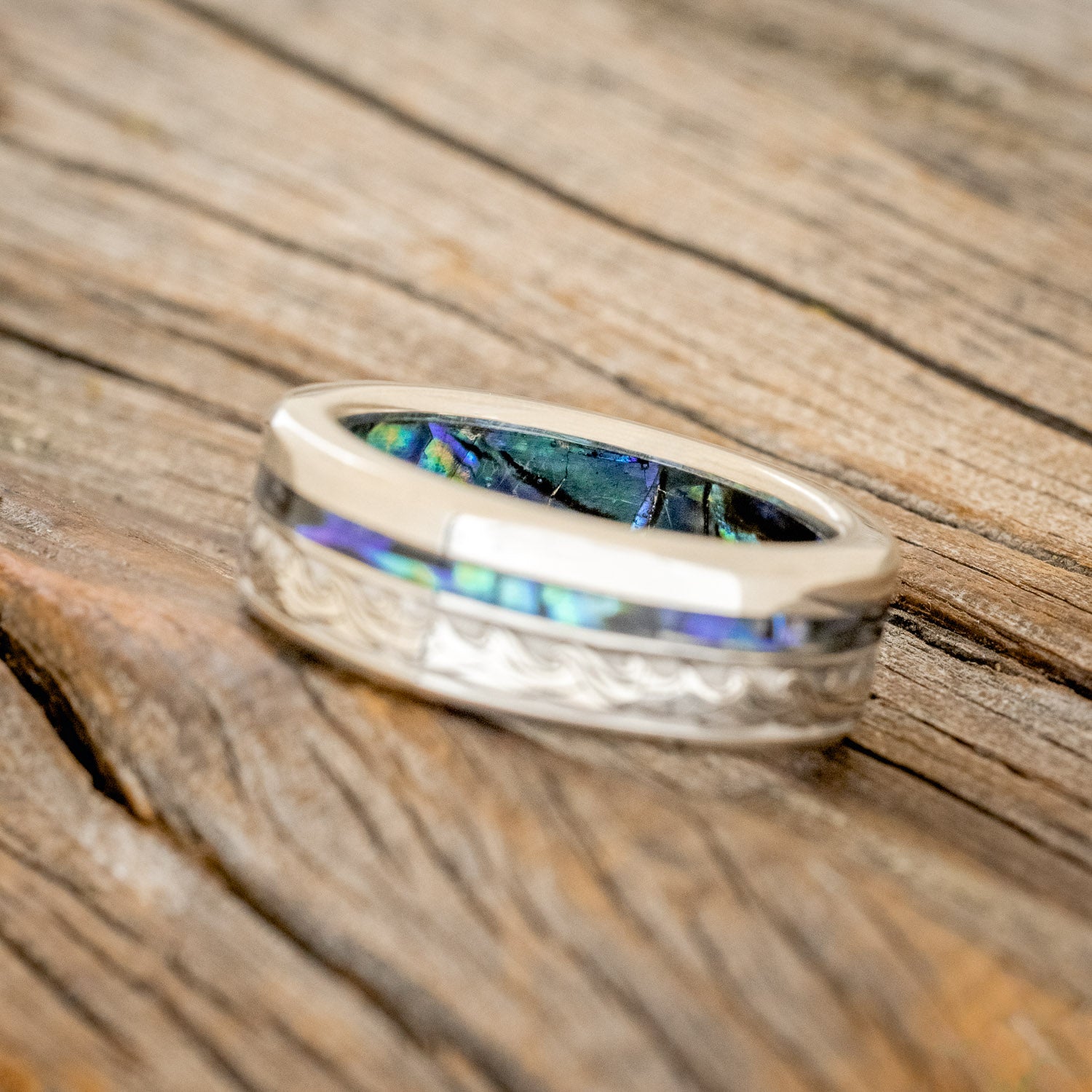 "TRITON" - WAVE ENGRAVED WEDDING BAND WITH PAUA SHELL INLAY & LINING-11