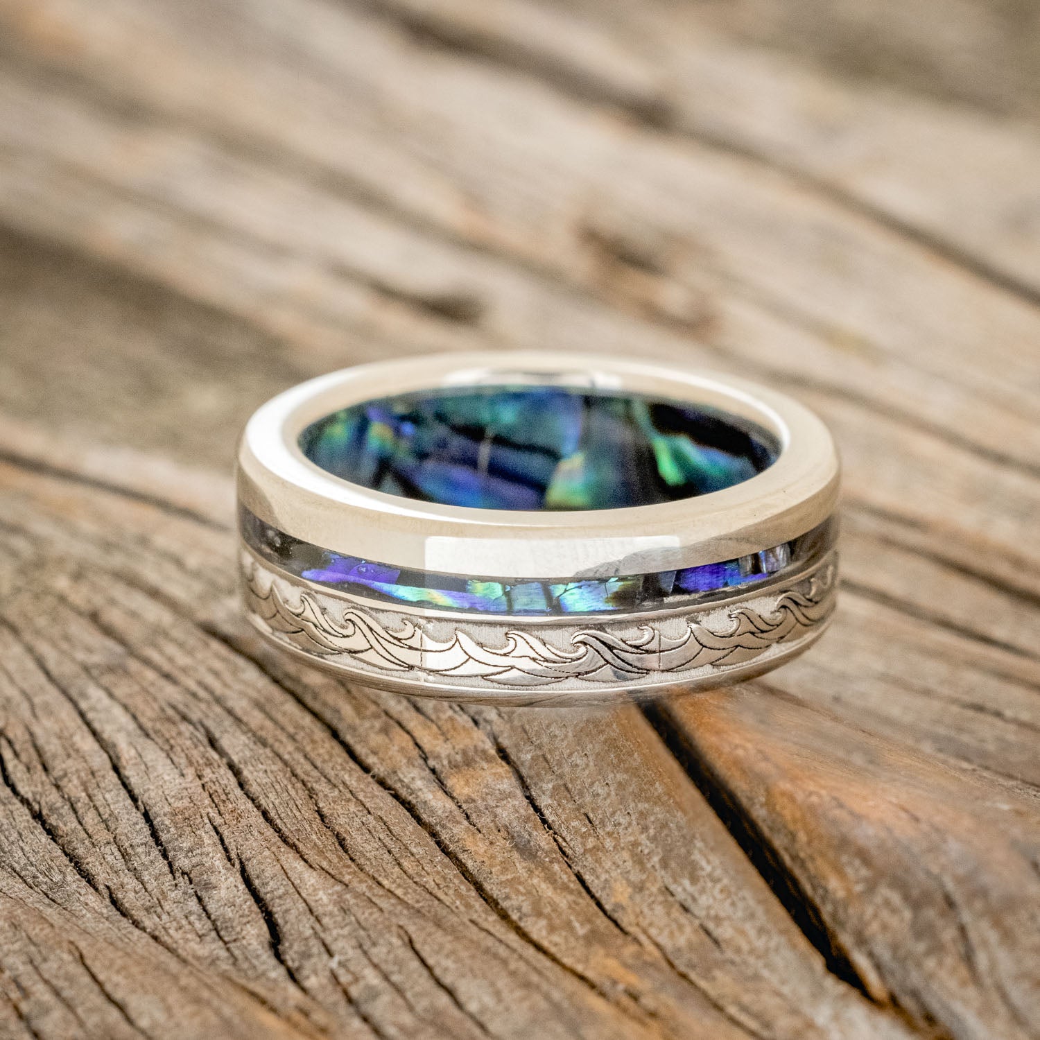 "TRITON" - WAVE ENGRAVED WEDDING BAND WITH PAUA SHELL INLAY & LINING-9