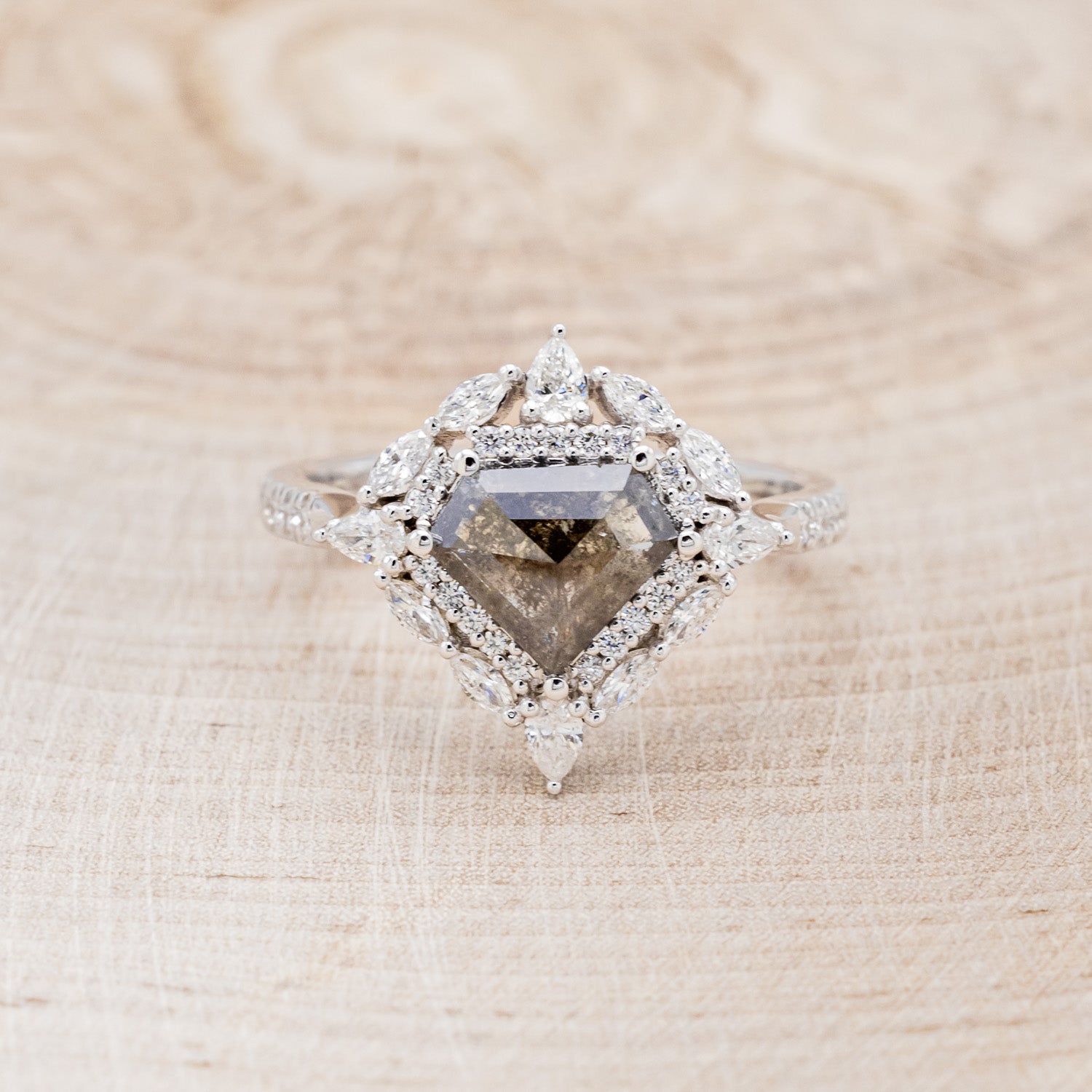 "VICTORIA" - ENGAGEMENT RING WITH DIAMOND HALO & ACCENTS - SHOWN W/ SHIELD CUT SALT AND PEPPER DIAMOND - SELECT YOUR OWN STONE-4