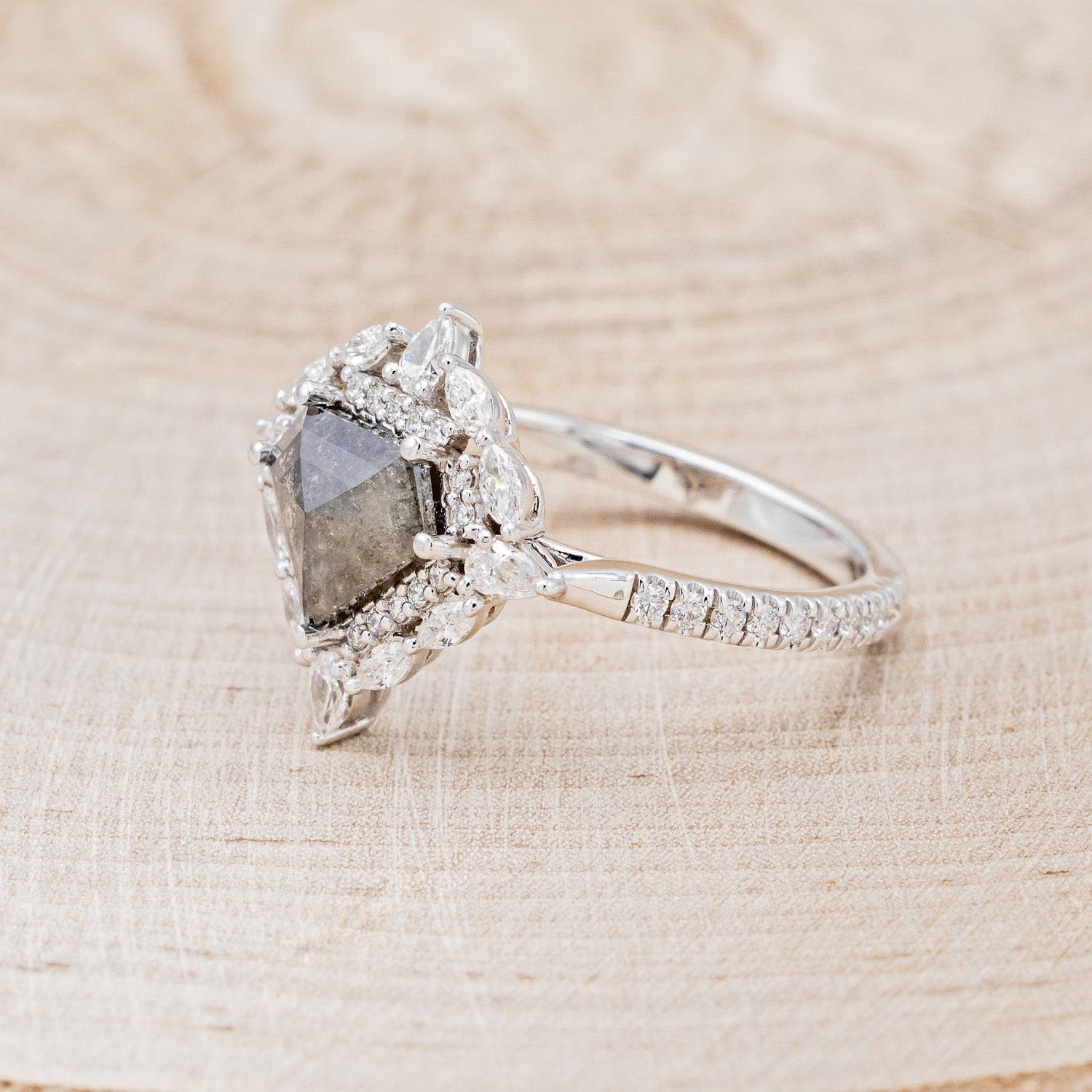 "VICTORIA" - ENGAGEMENT RING WITH DIAMOND HALO & ACCENTS - SHOWN W/ SHIELD CUT SALT AND PEPPER DIAMOND - SELECT YOUR OWN STONE-3
