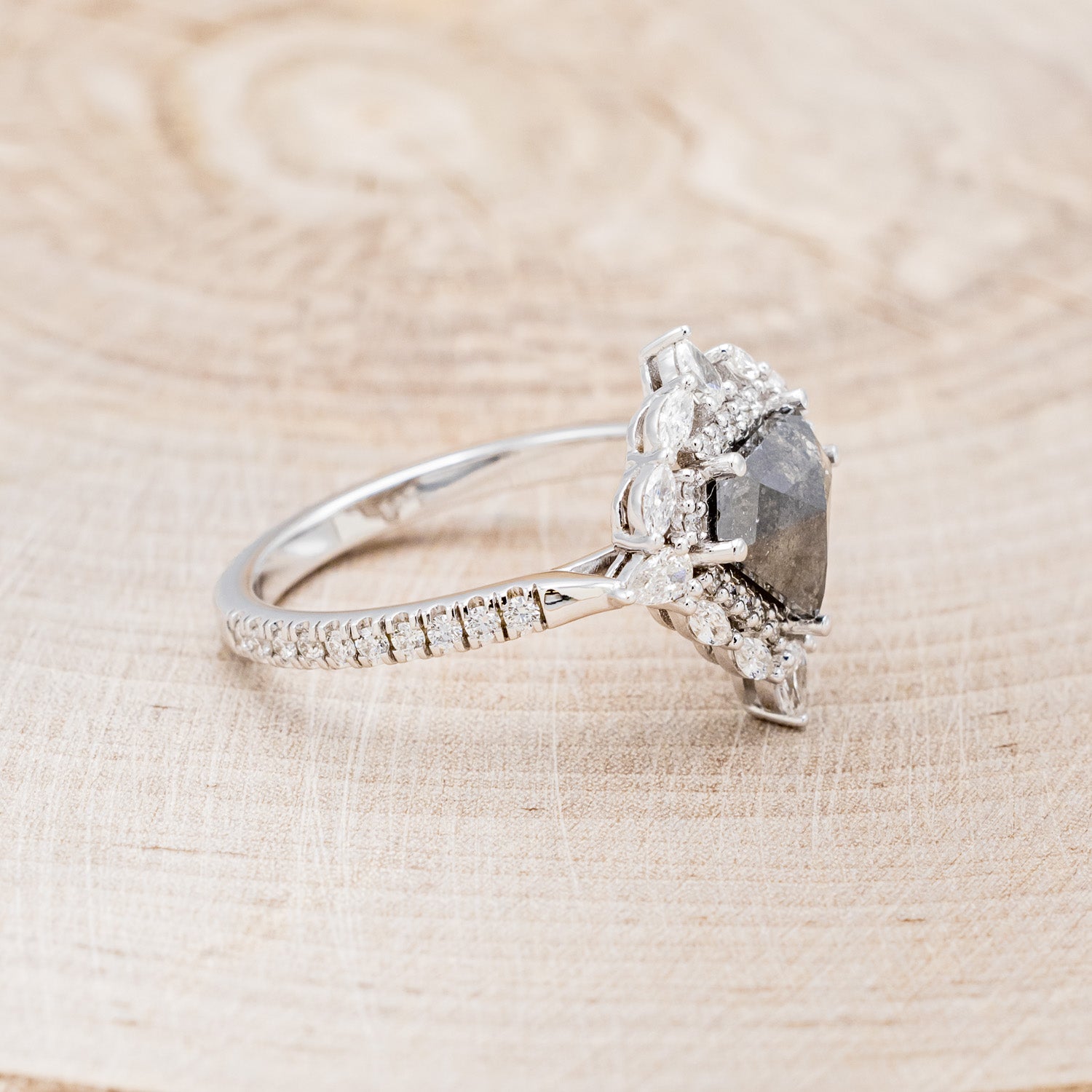 "VICTORIA" - ENGAGEMENT RING WITH DIAMOND HALO & ACCENTS - SHOWN W/ SHIELD CUT SALT AND PEPPER DIAMOND - SELECT YOUR OWN STONE-2