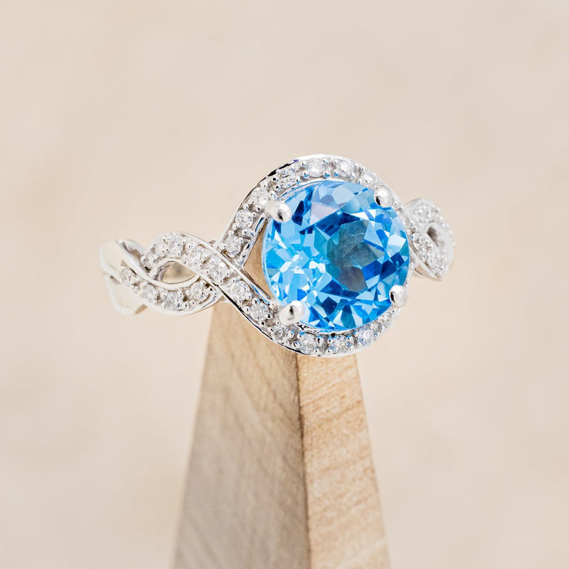 ROUND CUT SWISS BLUE TOPAZ ENGAGEMENT RING WITH DIAMOND ACCENTS