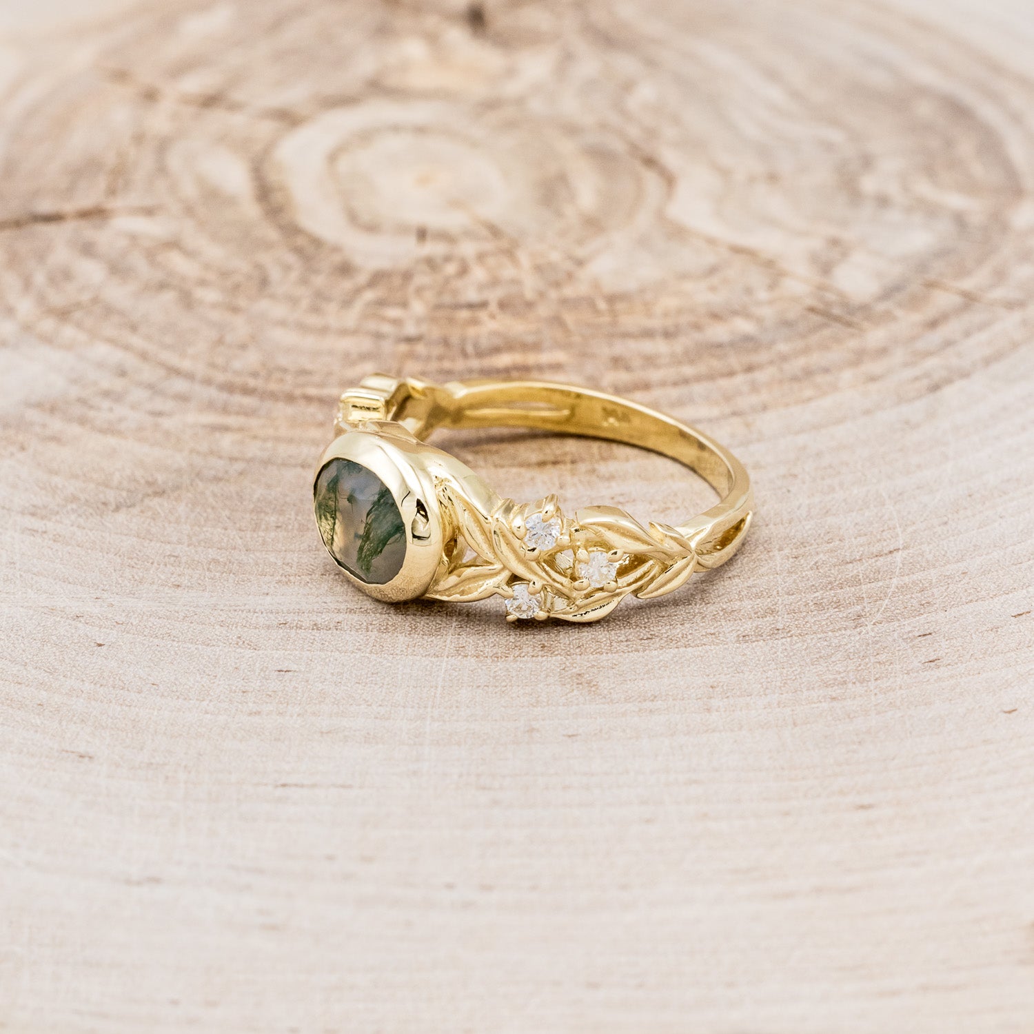 "ELORA" - OVAL MOSS AGATE ENGAGEMENT RING WITH DIAMOND ACCENTS-3