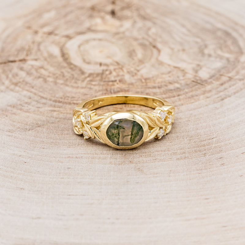 "ELORA" - OVAL MOSS AGATE ENGAGEMENT RING WITH DIAMOND ACCENTS