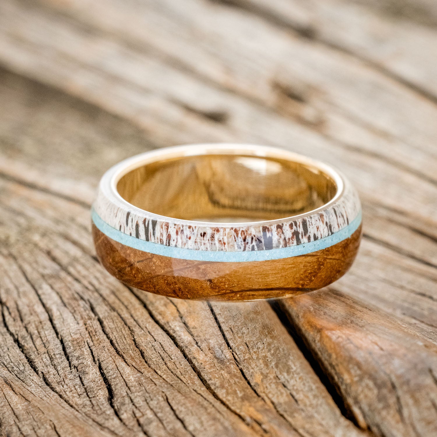 "ARGOS" - WHISKEY BARREL OAK, TURQUOISE & ANTLER WEDDING BAND-15