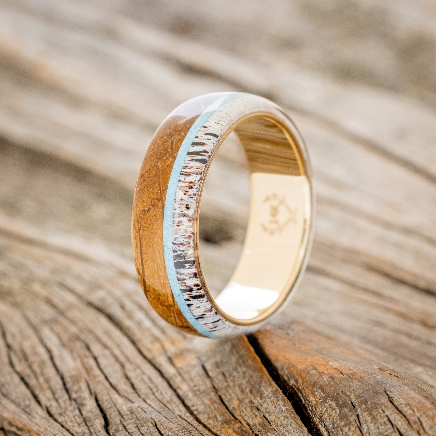 "THE EXPEDITION" & "ARGOS" - MATCHING SET OF ANTLER, TURQUOISE & WHISKEY BARREL OAK WEDDING RINGS-9