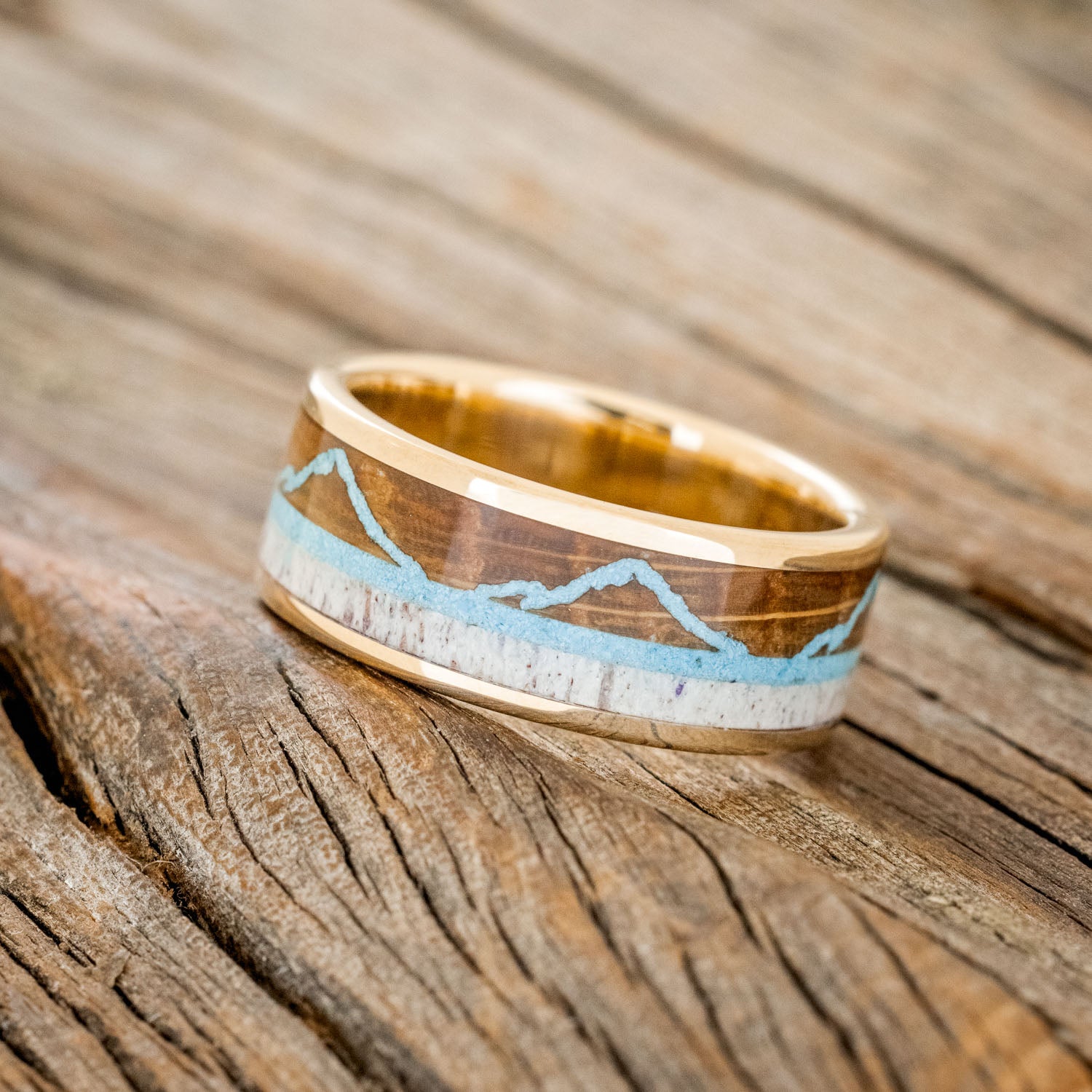 "THE EXPEDITION" - MOUNTAIN ENGRAVED WEDDING RING WITH WHISKEY BARREL OAK, TURQUOISE & ANTLER-14