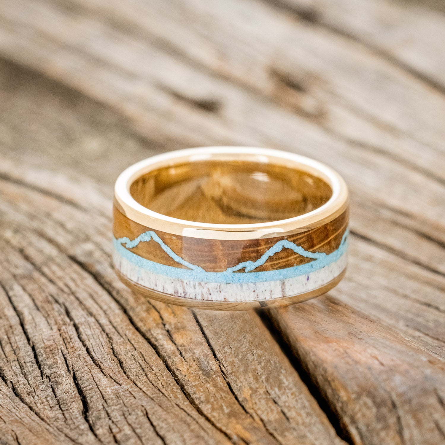 "THE EXPEDITION" - MOUNTAIN ENGRAVED WEDDING RING WITH WHISKEY BARREL OAK, TURQUOISE & ANTLER-15
