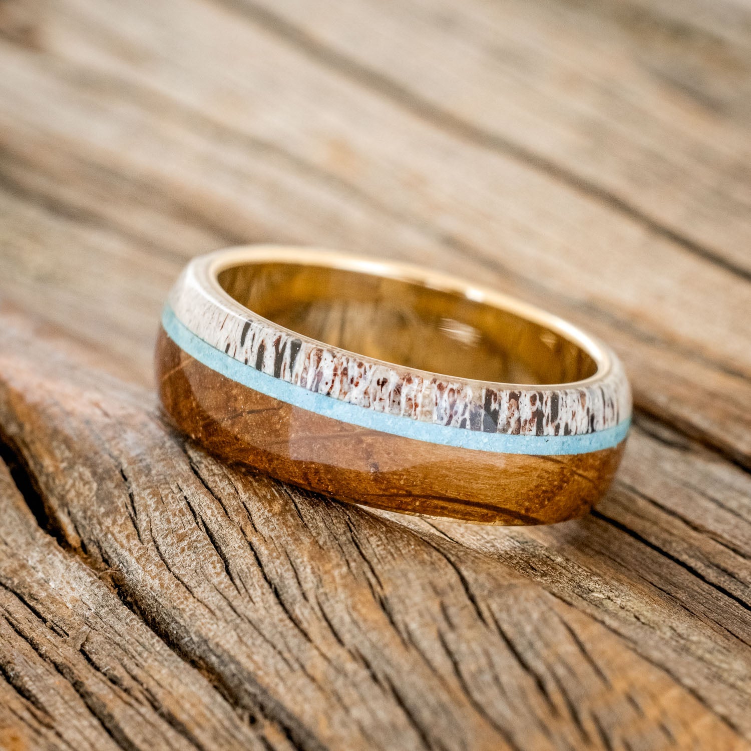 "THE EXPEDITION" & "ARGOS" - MATCHING SET OF ANTLER, TURQUOISE & WHISKEY BARREL OAK WEDDING RINGS-10