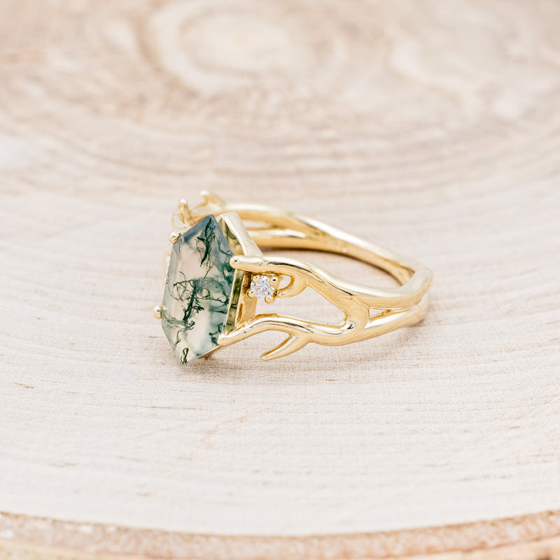 "ARTEMIS" - ELONGATED HEXAGON MOSS AGATE ENGAGEMENT RING WITH AN ANTLER STYLE BAND & DIAMOND ACCENTS