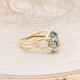 "ARTEMIS" - ELONGATED HEXAGON MOSS AGATE ENGAGEMENT RING WITH AN ANTLER STYLE BAND & DIAMOND ACCENTS - EXPEDITED-2