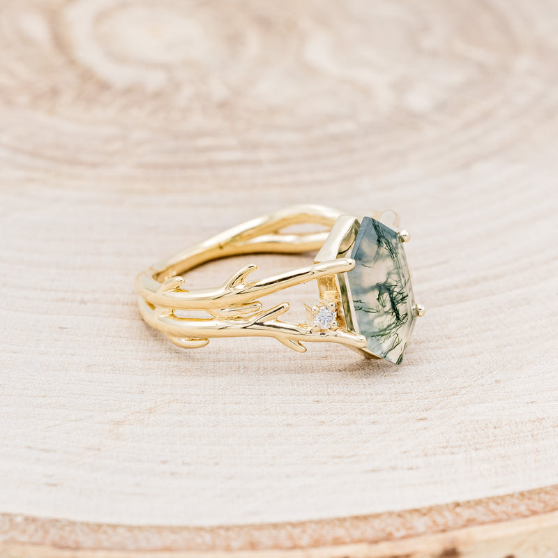 "ARTEMIS" - ELONGATED HEXAGON MOSS AGATE ENGAGEMENT RING WITH AN ANTLER STYLE BAND & DIAMOND ACCENTS - EXPEDITED-2