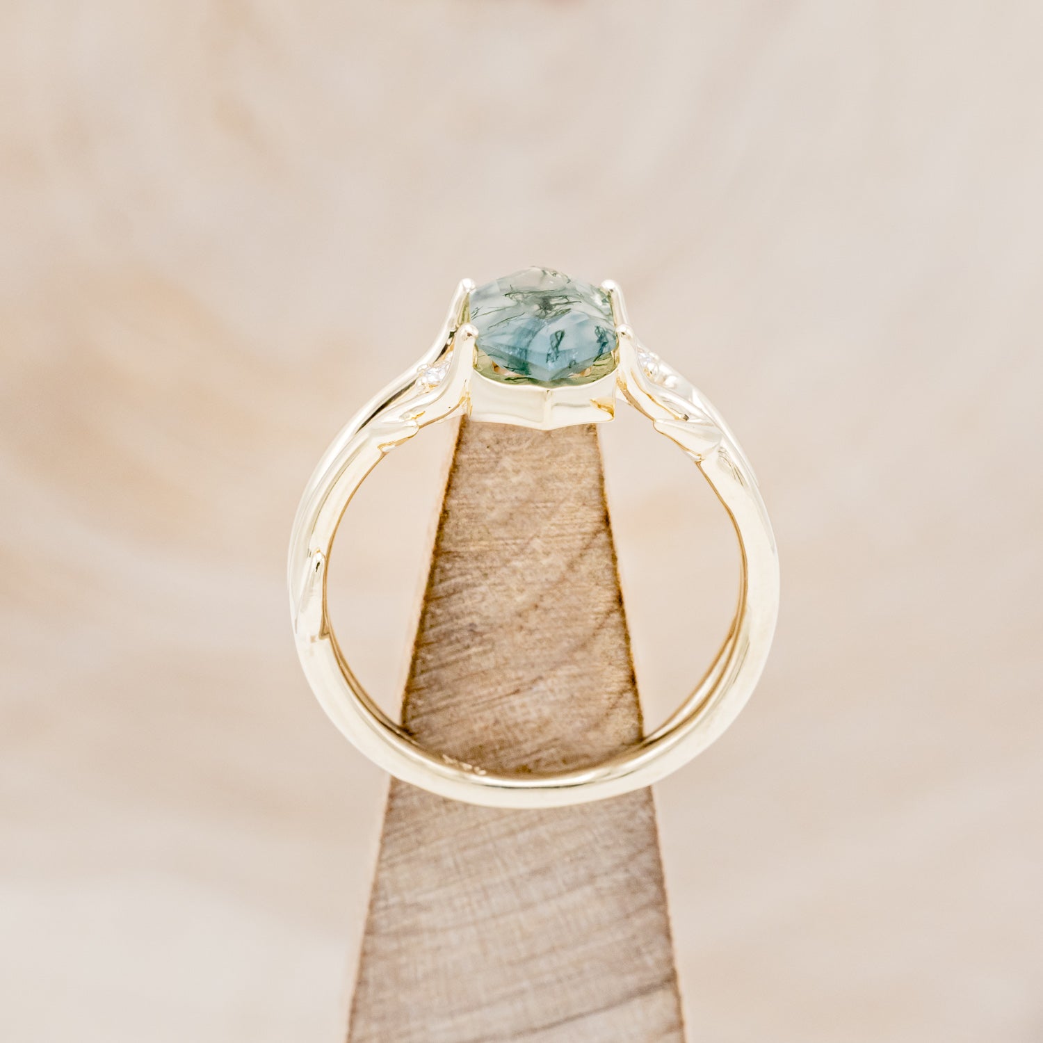 "ARTEMIS" - ELONGATED HEXAGON MOSS AGATE ENGAGEMENT RING WITH AN ANTLER STYLE BAND & DIAMOND ACCENTS-11