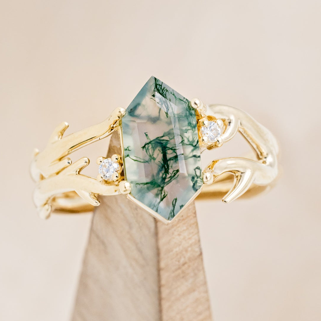 "ARTEMIS" - ELONGATED HEXAGON MOSS AGATE ENGAGEMENT RING WITH AN ANTLER STYLE BAND & DIAMOND ACCENTS-7