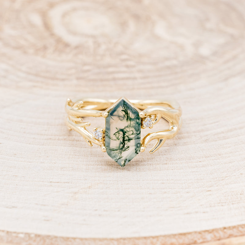 "ARTEMIS" - ELONGATED HEXAGON MOSS AGATE ENGAGEMENT RING WITH AN ANTLER STYLE BAND & DIAMOND ACCENTS-10