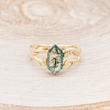 "ARTEMIS" - ELONGATED HEXAGON MOSS AGATE ENGAGEMENT RING WITH AN ANTLER STYLE BAND & DIAMOND ACCENTS - READY TO SHIP