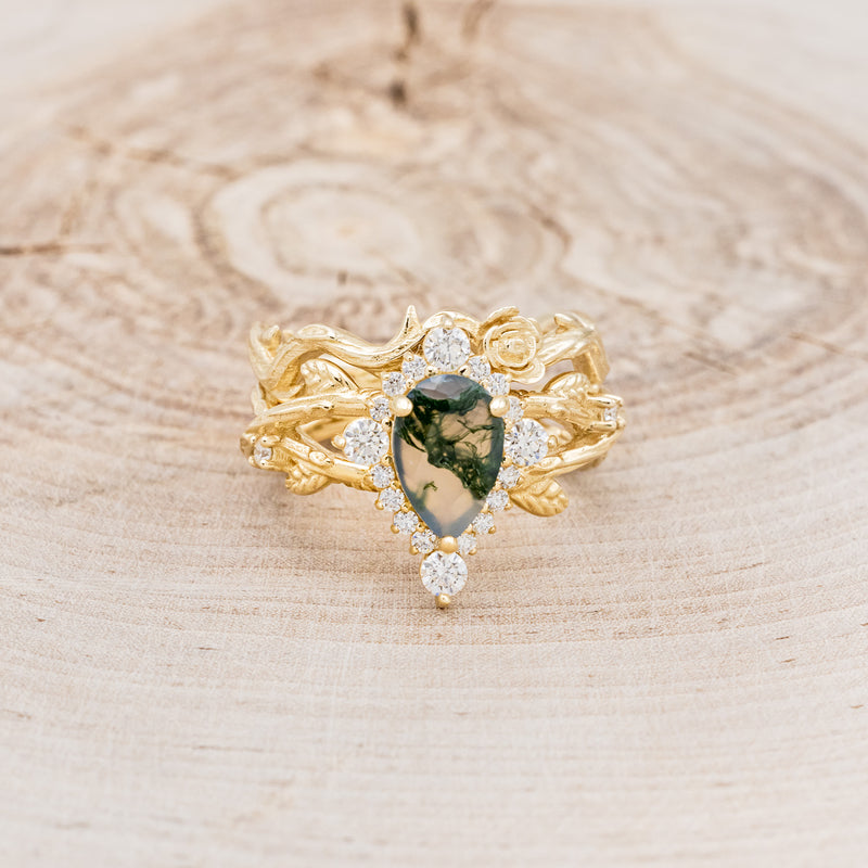 "ARTEMIS ON THE VINE DIVINE" - PEAR MOSS AGATE ENGAGEMENT RING WITH DIAMOND ACCENTS & "BRIAR" TRACER