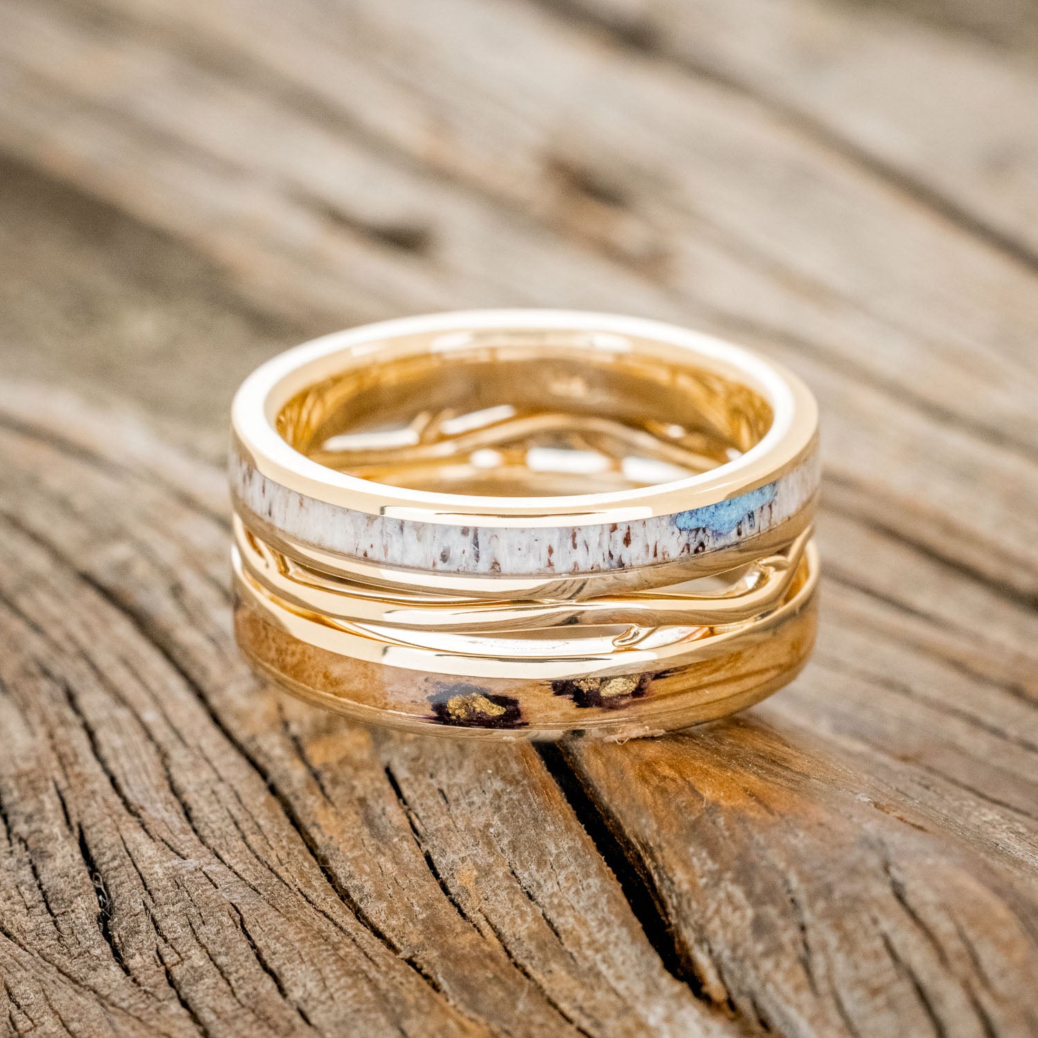 MEN'S "ARTEMIS" - WHISKEY BARREL OAK & ANTLER WEDDING RING FEATURING GOLD NUGGETS & TURQUOISE-3