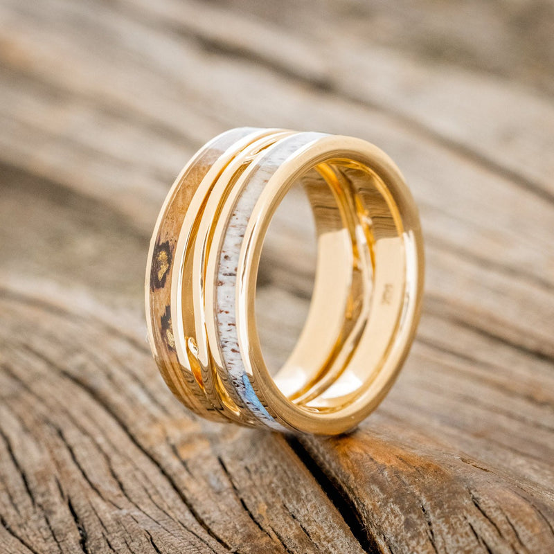 MEN'S "ARTEMIS" - WHISKEY BARREL OAK & ANTLER WEDDING RING FEATURING GOLD NUGGETS & TURQUOISE