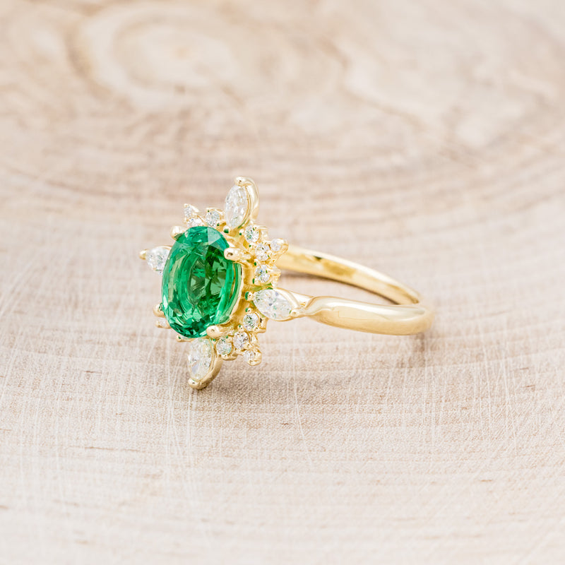 LAB CREATED EMERALD ENGAGEMENT RING WITH DIAMOND HALO - 