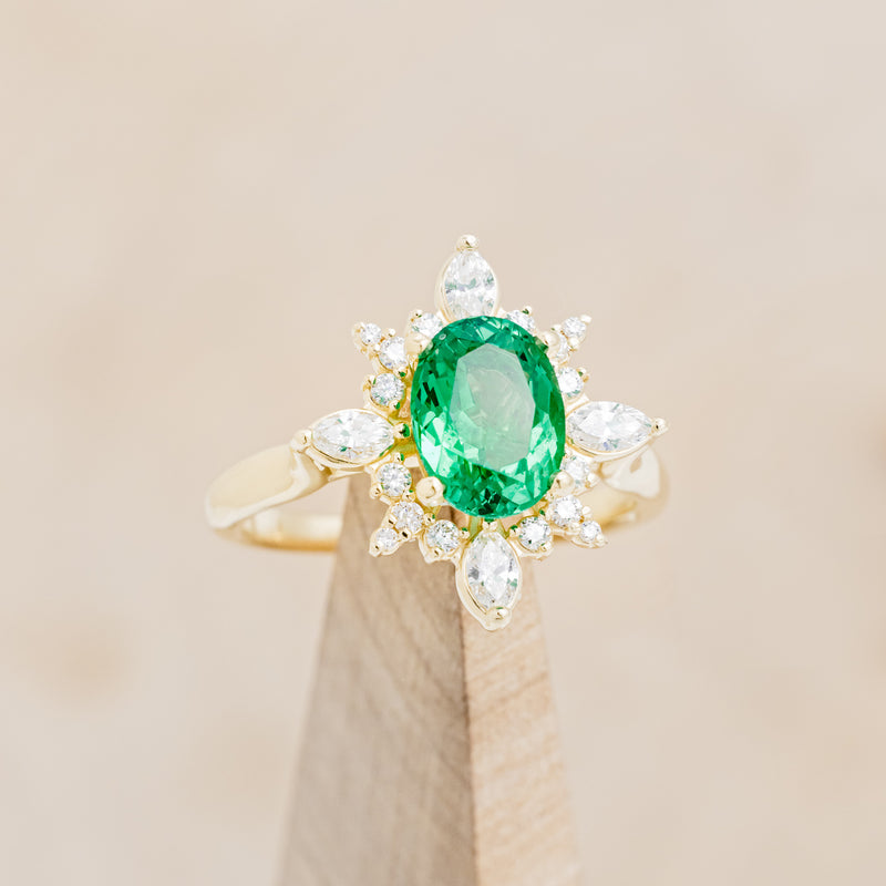 Teardrop Emerald Engagement Ring, Gold Leaves Ring / Azalea