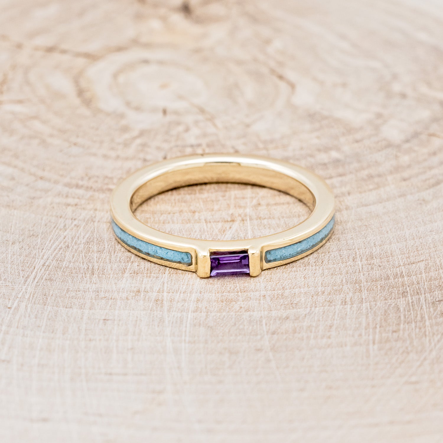 14K GOLD WEDDING BAND WITH AMETHYST CENTER STONE & TURQUOISE INLAYS-4