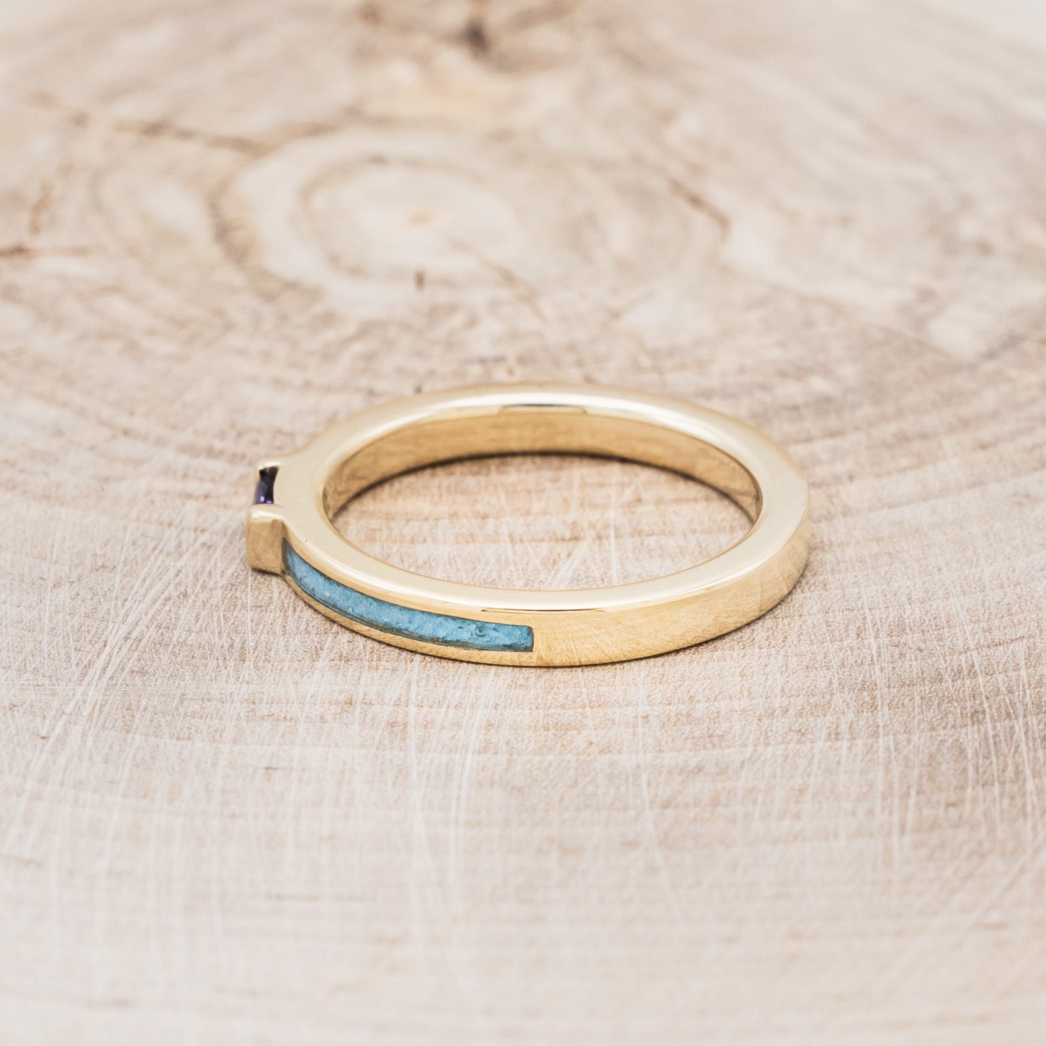 14K GOLD WEDDING BAND WITH AMETHYST CENTER STONE & TURQUOISE INLAYS-3