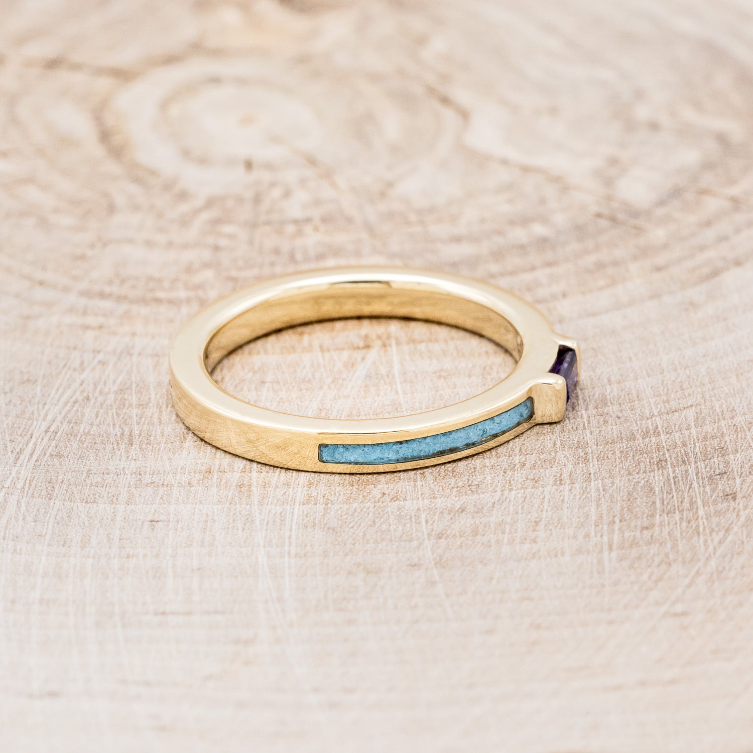 14K GOLD WEDDING BAND WITH AMETHYST CENTER STONE & TURQUOISE INLAYS-2