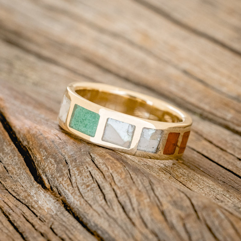 MALACHITE, JASPER & MOTHER OF PEARL INLAYS WEDDING BAND-2