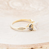 "ERIS" - OVAL-CUT MOONSTONE ENGAGEMENT RING WITH LEAF-SHAPED SALT & PEPPER DIAMOND ACCENTS AND FIRE & ICE OPAL INLAYS-2