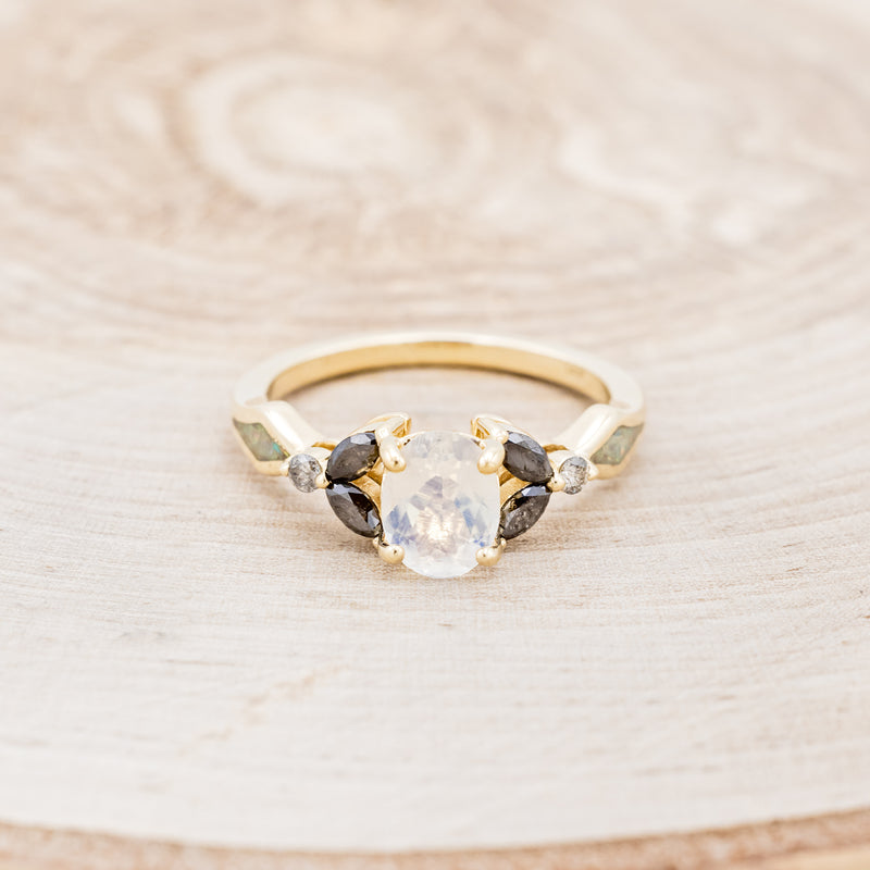 "ERIS" - OVAL-CUT MOONSTONE ENGAGEMENT RING WITH LEAF-SHAPED SALT & PEPPER DIAMOND ACCENTS AND FIRE & ICE OPAL INLAYS-4