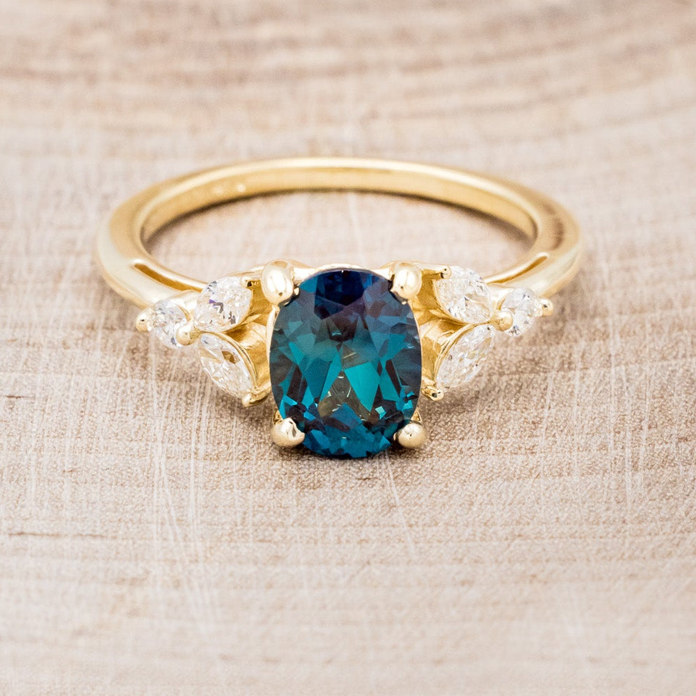 "BLOSSOM" - OVAL LAB-GROWN ALEXANDRITE ENGAGEMENT RING WITH LEAF-SHAPED DIAMOND ACCENTS-10