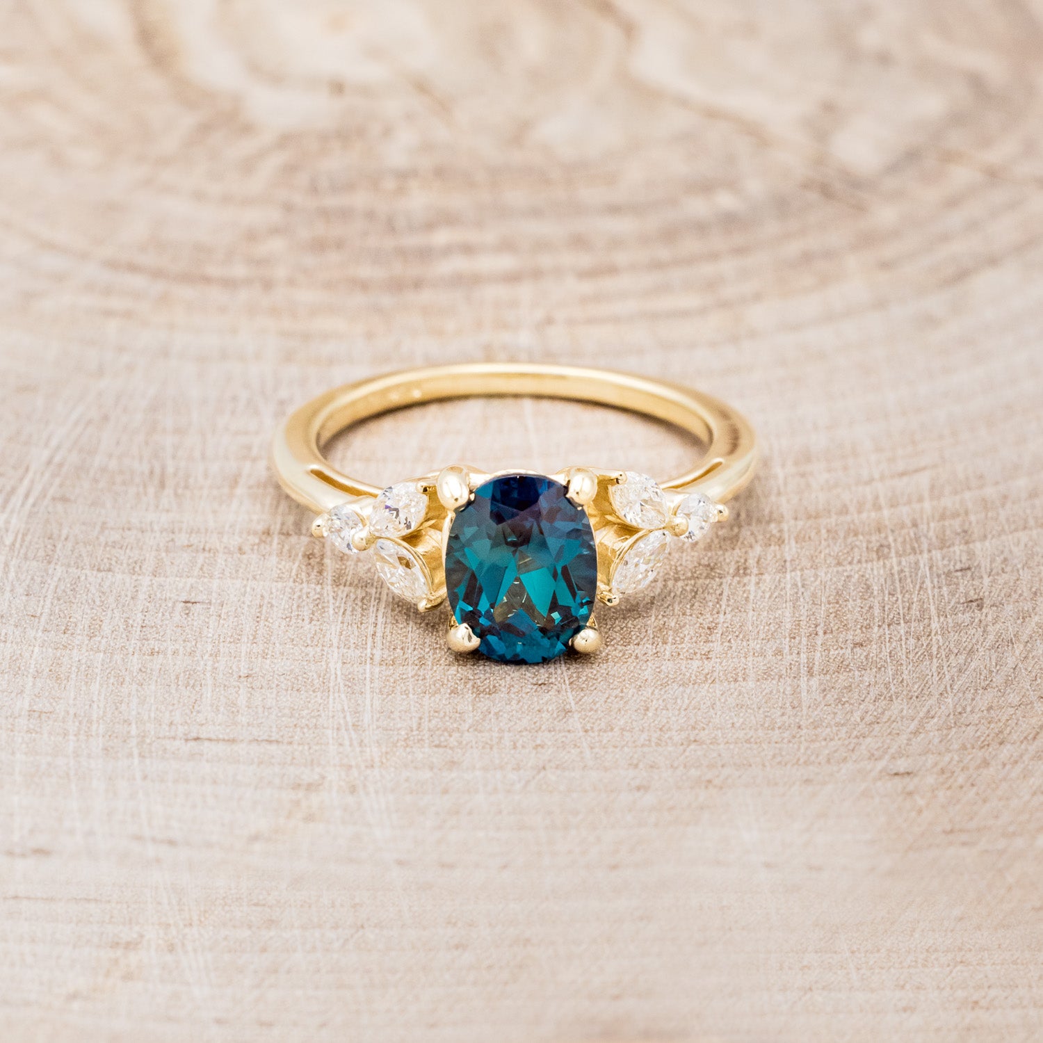"BLOSSOM" - OVAL LAB-GROWN ALEXANDRITE ENGAGEMENT RING WITH LEAF-SHAPED DIAMOND ACCENTS-10