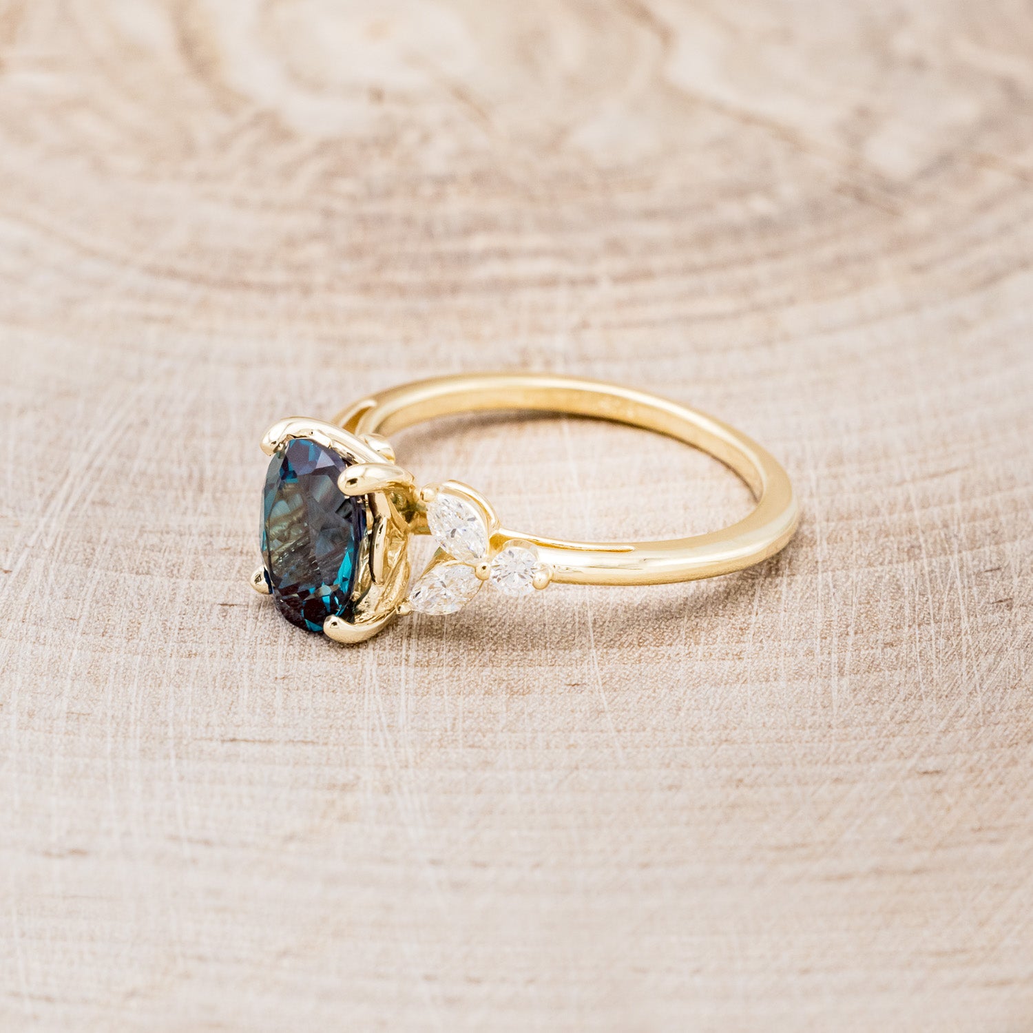 "BLOSSOM" - OVAL LAB-GROWN ALEXANDRITE ENGAGEMENT RING WITH LEAF-SHAPED DIAMOND ACCENTS-9