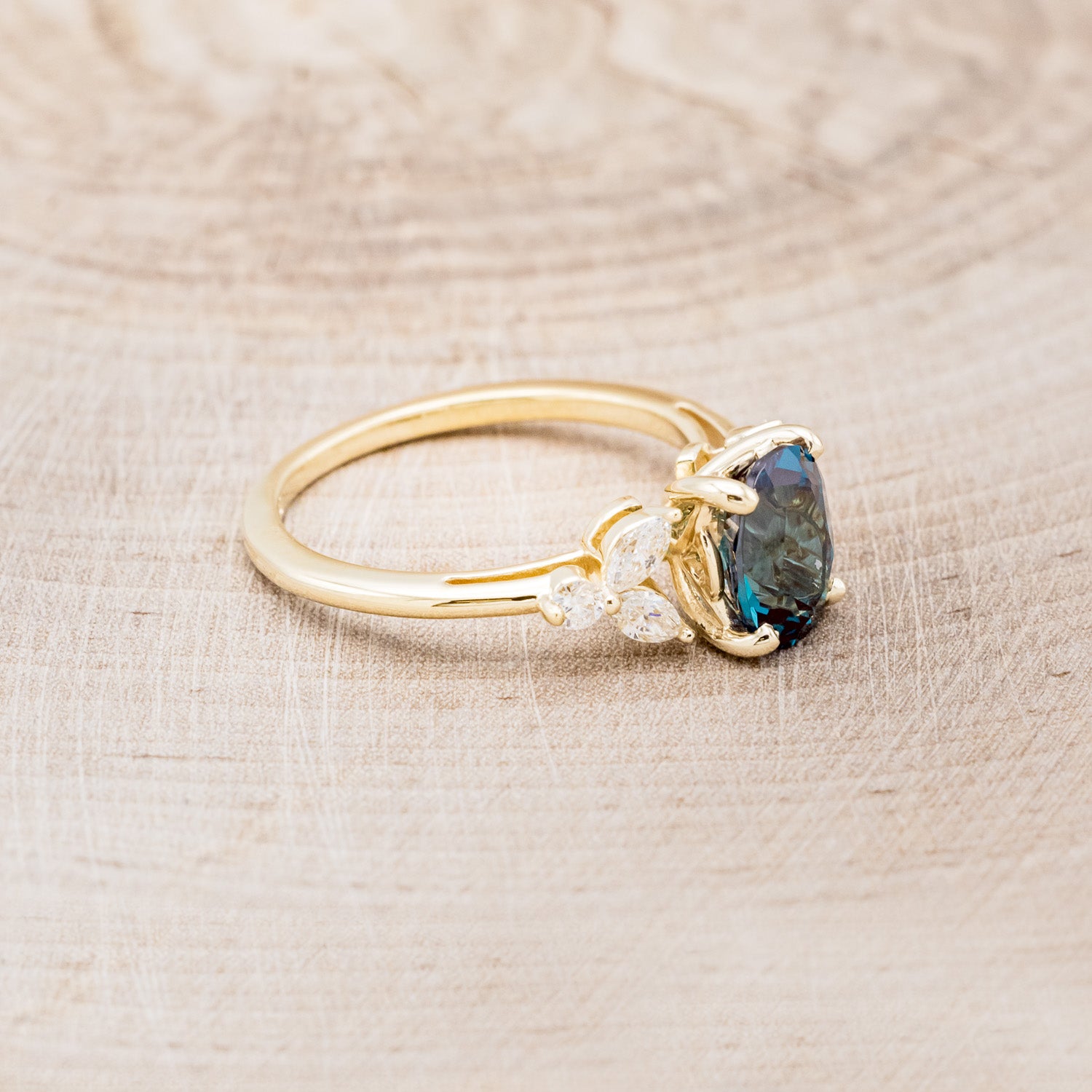 "BLOSSOM" - OVAL LAB-GROWN ALEXANDRITE ENGAGEMENT RING WITH LEAF-SHAPED DIAMOND ACCENTS-8