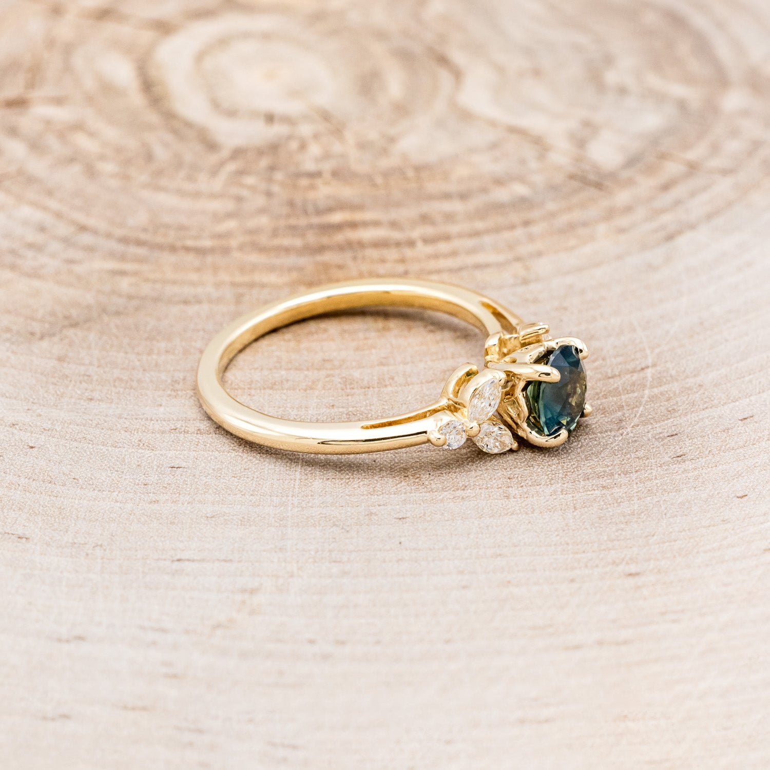 "BLOSSOM" - ROUND CUT MONTANA SAPPHIRE ENGAGEMENT RING WITH LEAF-SHAPED DIAMOND ACCENTS-2