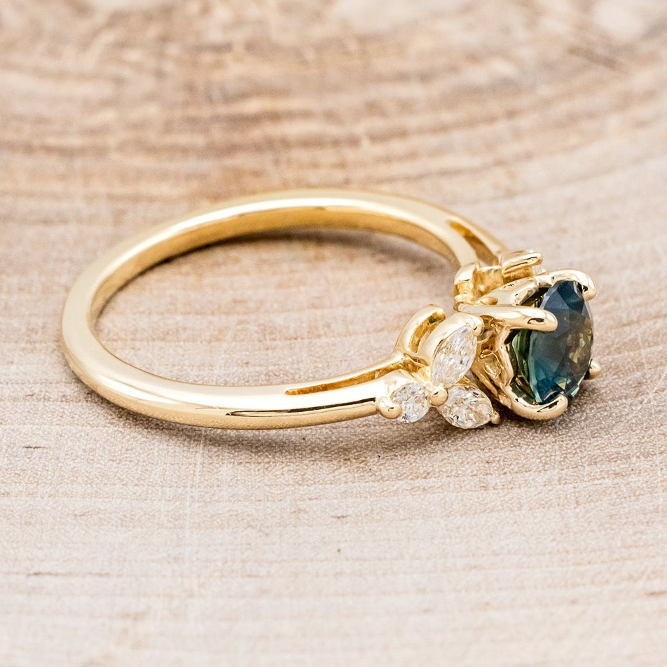 "BLOSSOM" - ROUND CUT MONTANA SAPPHIRE ENGAGEMENT RING WITH LEAF-SHAPED DIAMOND ACCENTS-2