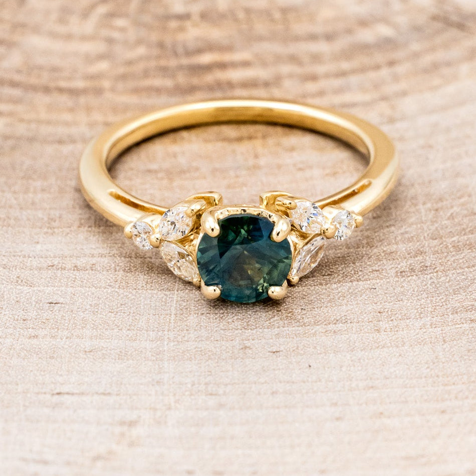 "BLOSSOM" - ROUND CUT MONTANA SAPPHIRE ENGAGEMENT RING WITH LEAF-SHAPED DIAMOND ACCENTS-4