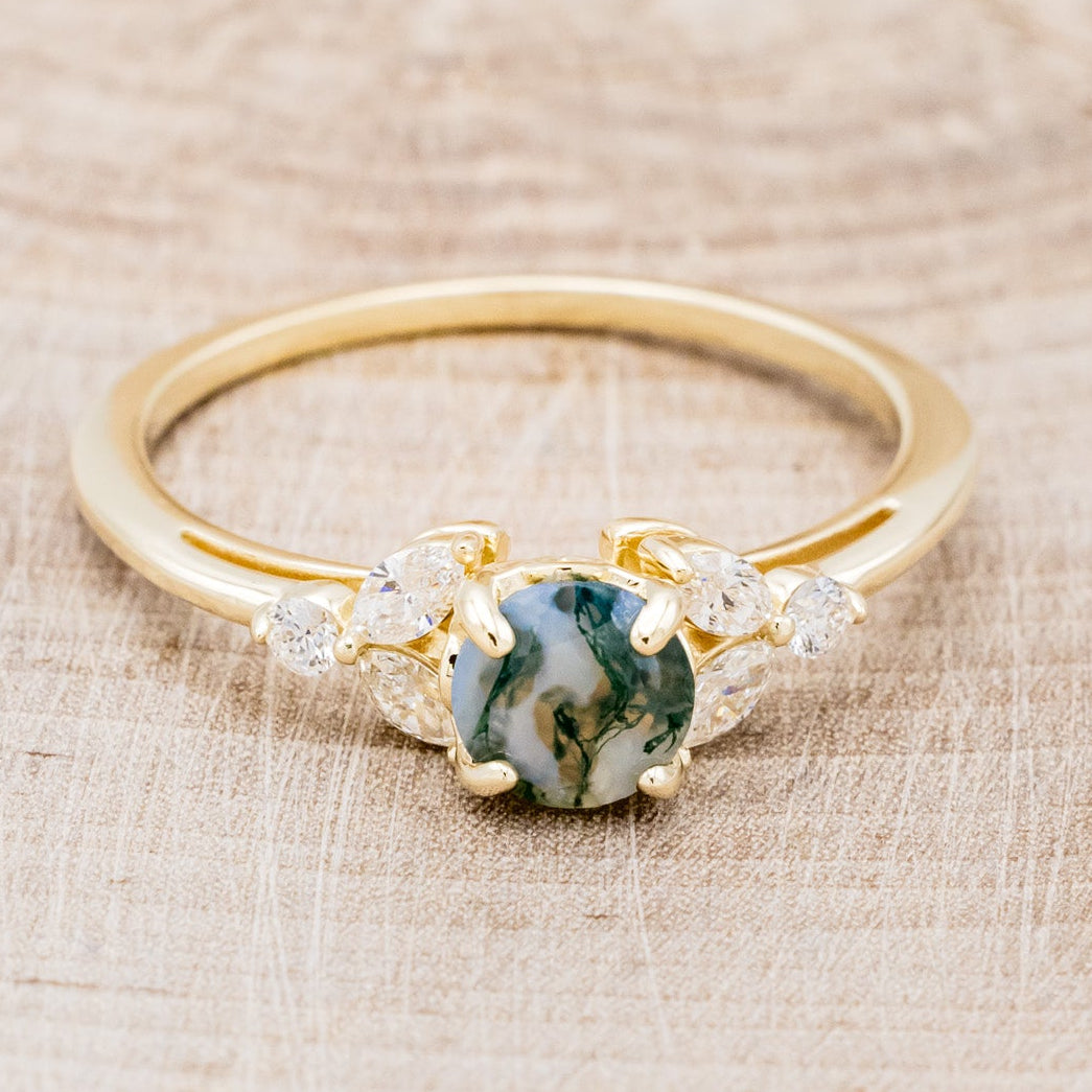 "BLOSSOM" - ROUND CUT MOSS AGATE ENGAGEMENT RING WITH LEAF-SHAPED DIAMOND ACCENTS-14
