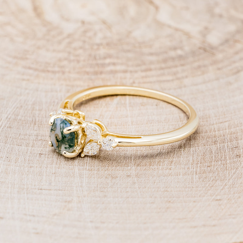 "BLOSSOM" - ROUND CUT MOSS AGATE ENGAGEMENT RING WITH LEAF-SHAPED DIAMOND ACCENTS