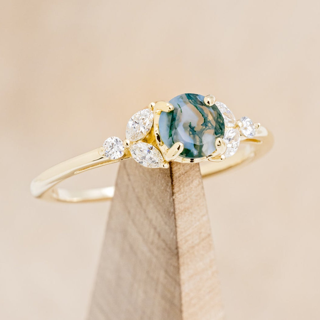 "BLOSSOM" - ROUND CUT MOSS AGATE ENGAGEMENT RING WITH LEAF-SHAPED DIAMOND ACCENTS-13