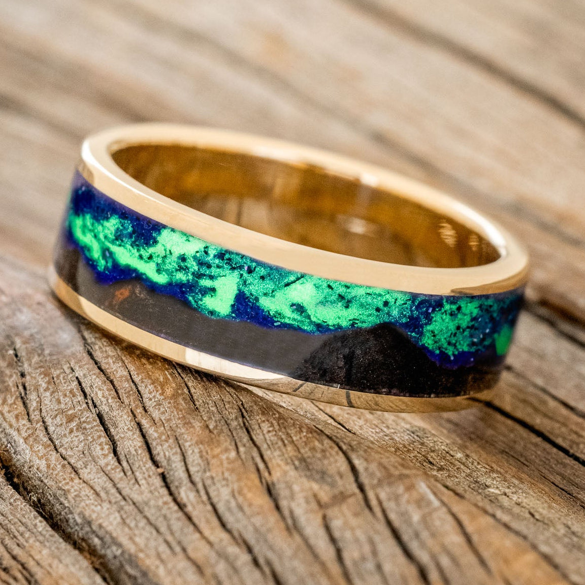 "BOREALIS" - MOUNTAIN ENGRAVED WEDDING RING WITH DARK MAPLE WOOD & GLOW IN THE DARK NORTHERN LIGHTS-22
